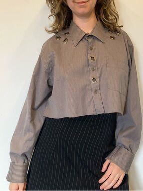 Reworked brown striped Button-Down crop top Shirt with grommets